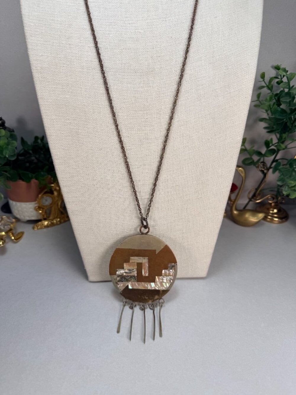 Vintage Modernist Pendant Necklace Abalone Shell Geometric Statement